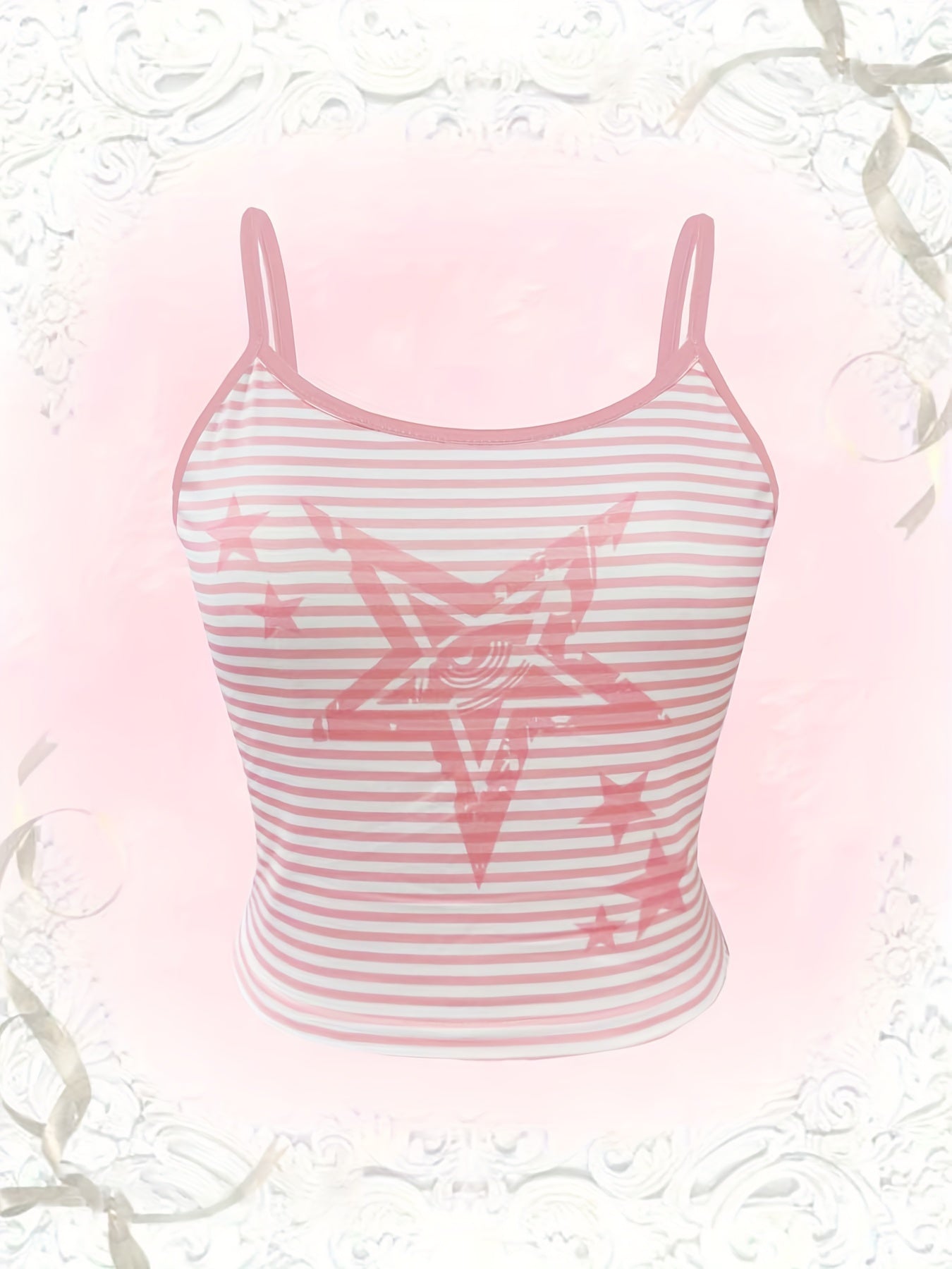 Casual Summer Spaghetti Strap Slingback Knit Fabric Polyester No Sleeve Tie Front Top with Striped Star Print